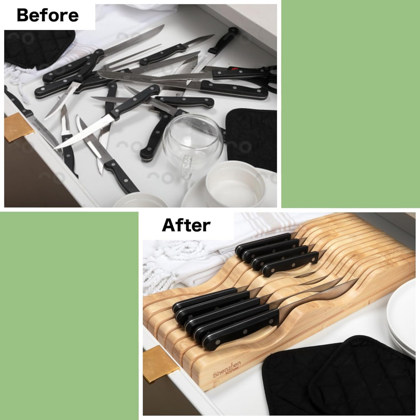 In-Drawer Bamboo Knife Block by Shenzhen Knives – Holds 10–15 Knives
