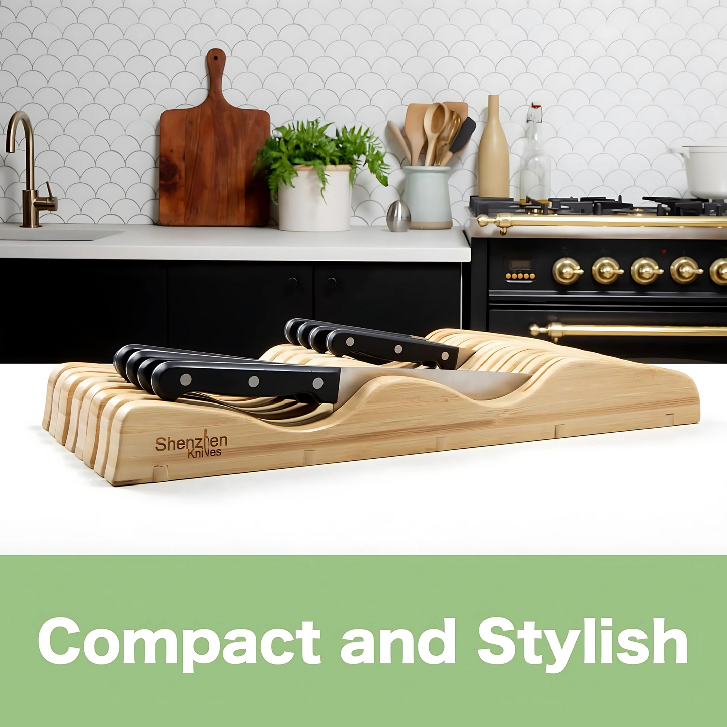 In-Drawer Bamboo Knife Block by Shenzhen Knives – Holds 10–15 Knives