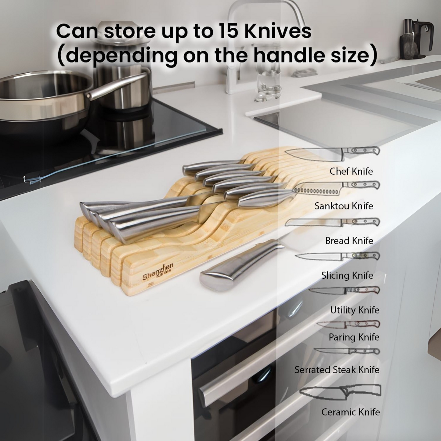 In-Drawer Bamboo Knife Block by Shenzhen Knives – Holds 10–15 Knives