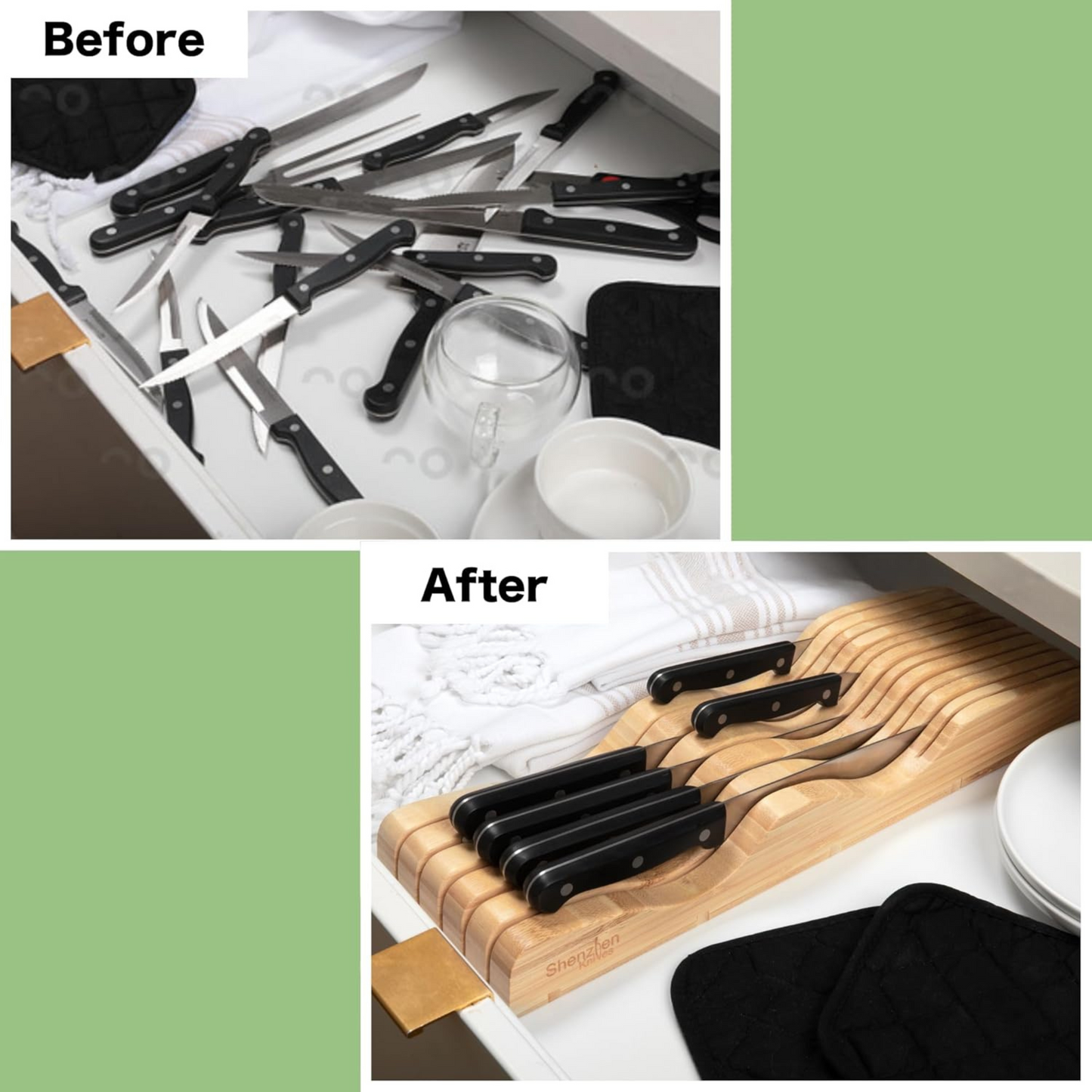 In-Drawer Bamboo Knife Block by Shenzhen Knives – Holds 10–15 Knives