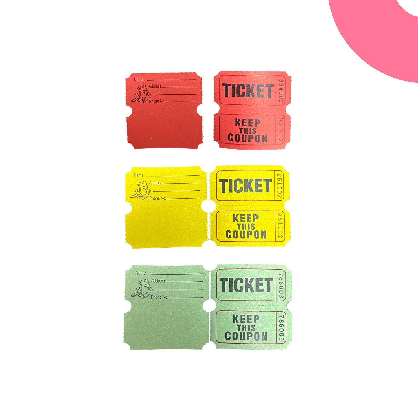 Raffle/Party Tickets with Built-In Dispenser by ONNCE | Double Roll of 1000 | Set of 3 Colors: Green, Red, Yellow