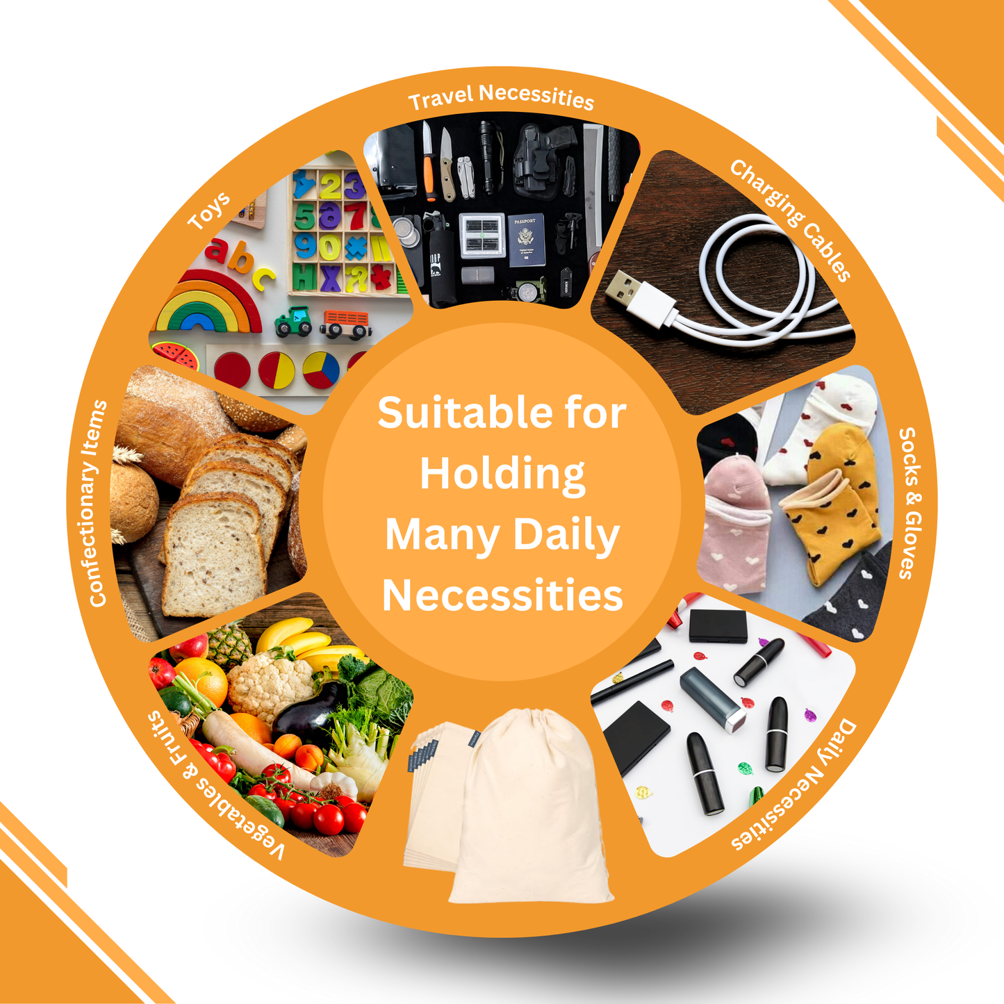 Organic Cotton Produce Bags Set – 9-Piece - 6 Muslin S/M/L, 2 Long Bags, 1 Swaddle Sheet