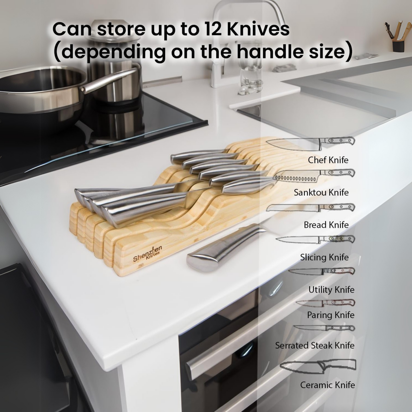 In-Drawer Bamboo Knife Block by Shenzhen Knives – Holds 10–15 Knives