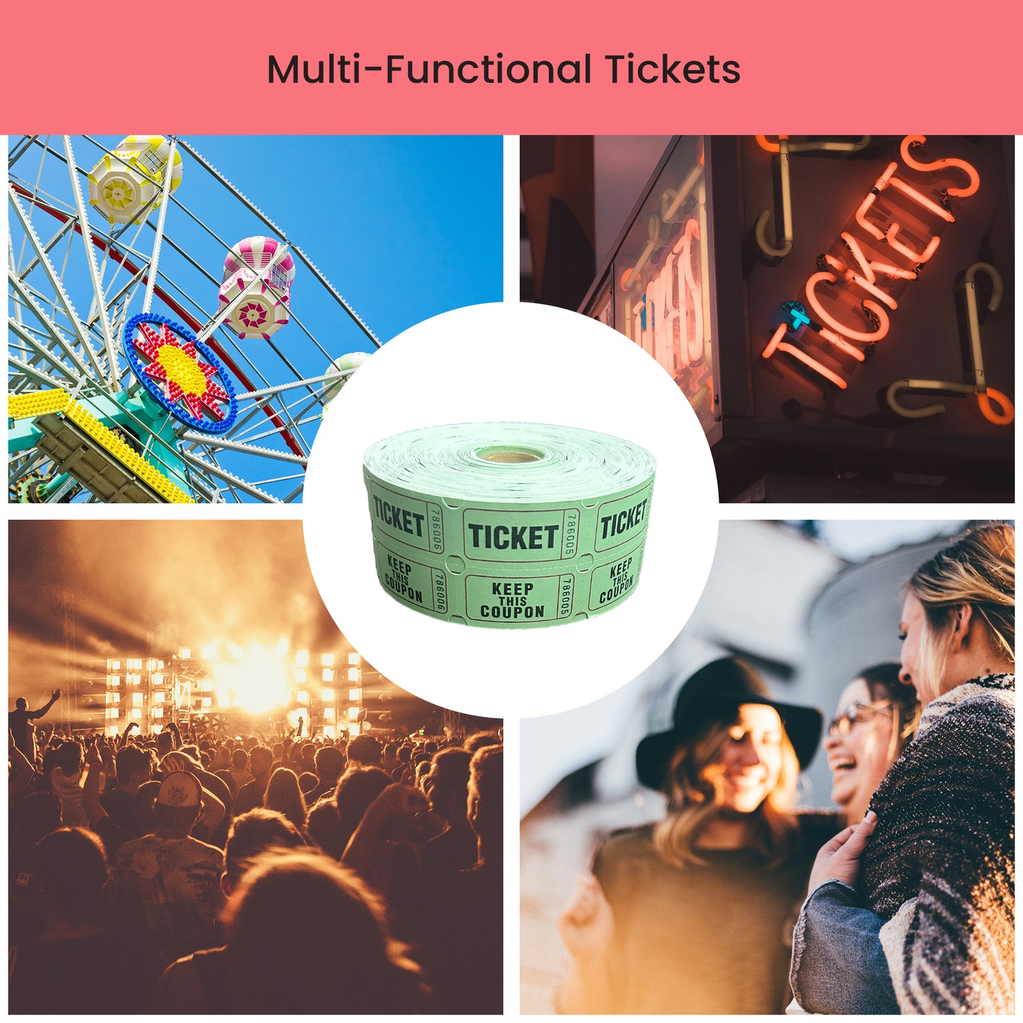 Raffle/Party Tickets with Built-In Dispenser by ONNCE | Double Roll of 1000 | Set of 3 Colors: Green, Red, Yellow