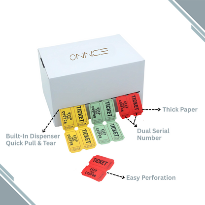 Raffle/Party Tickets with Built-In Dispenser by ONNCE | Double Roll of 1000 | Set of 3 Colors: Green, Red, Yellow