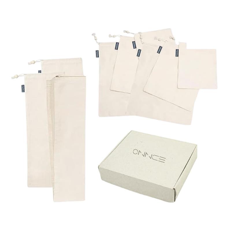 Organic Cotton Produce Bags Set – 9-Piece - 6 Muslin S/M/L, 2 Long Bags, 1 Swaddle Sheet