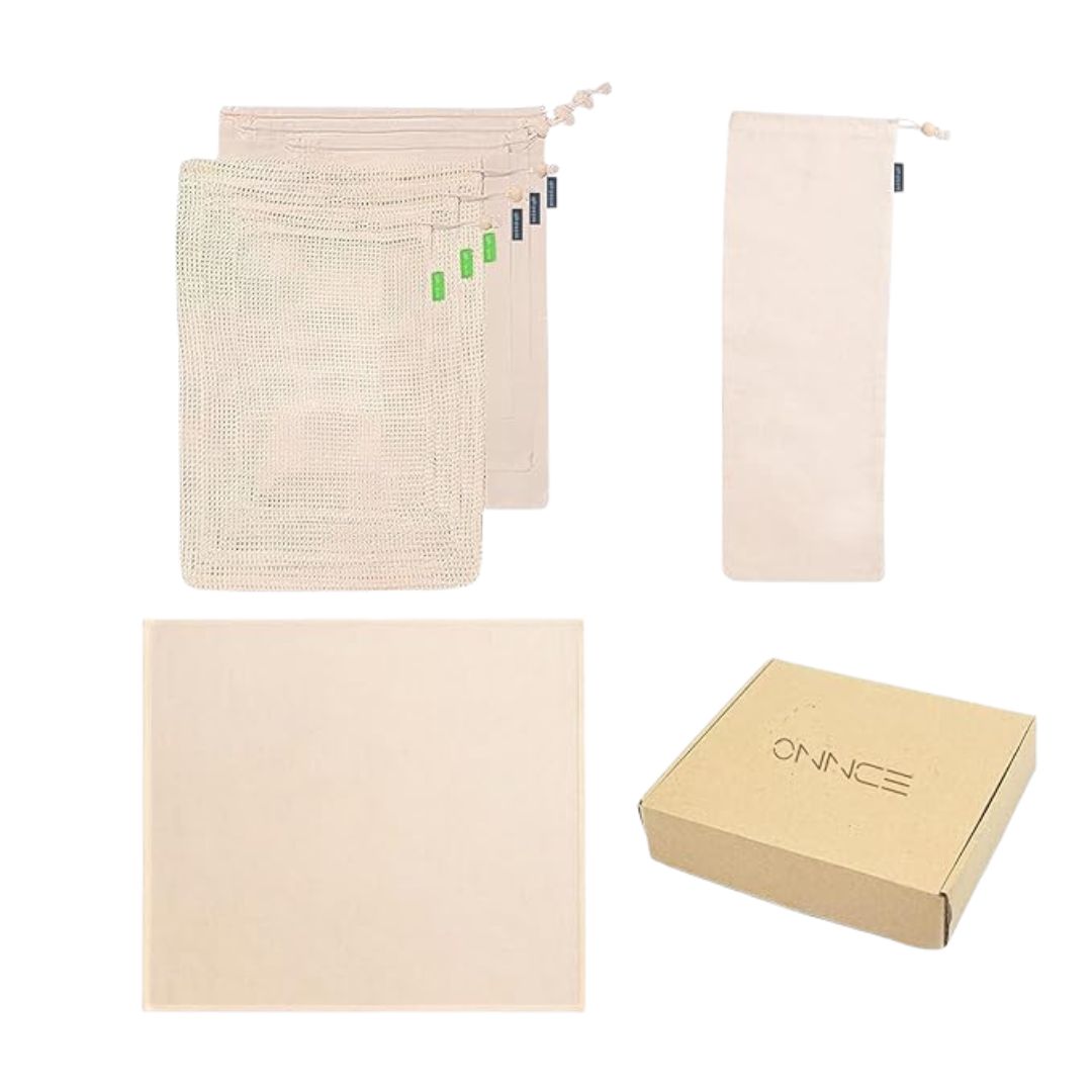 Organic Cotton Grocery/Produce Bags Bundle - Set of 8 - 3 muslin bags, 3 mesh bags (in small, medium, and large), 1 long bag, and 1 swaddle sheet