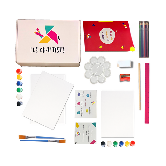 Kids Art Kit with Storage Box by Les Craftists | Includes Art Booklet, 12 Poster Paints, 24 Colored Pencils, Canvas, Drawing Sheets & More