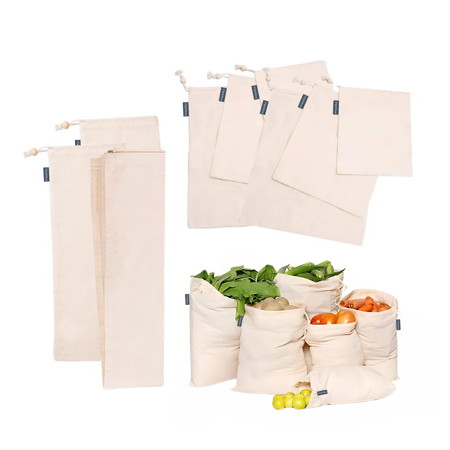 Organic Cotton Produce Bags Set – 9-Piece - 6 Muslin S/M/L, 2 Long Bags, 1 Swaddle Sheet