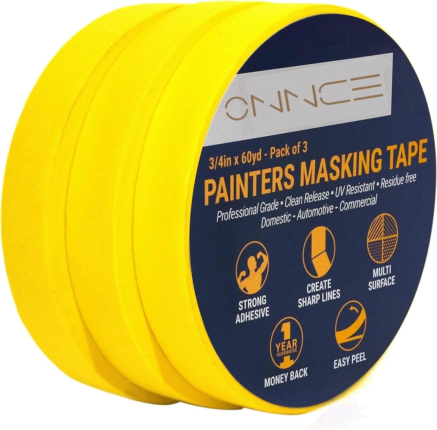 3 Painters Tape Rolls for Professional Painting - Pack of 3 (180ft x ¾ inch each)