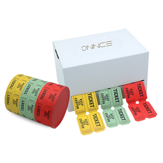 Raffle/Party Tickets with Built-In Dispenser by ONNCE | Double Roll of 1000 | Set of 3 Colors: Green, Red, Yellow