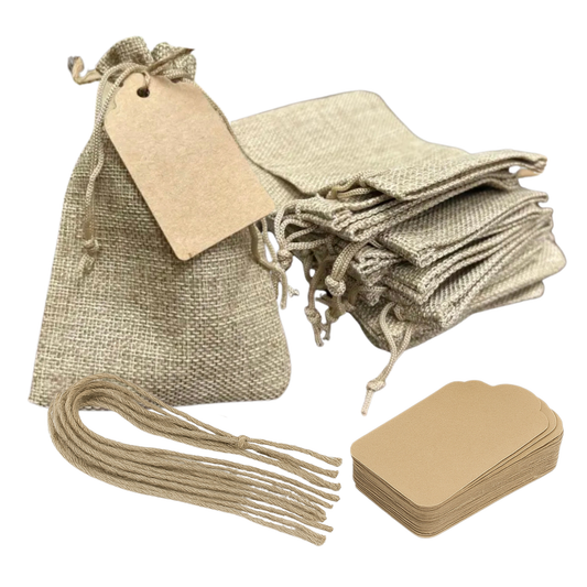 Burlap Bags with String and Brown Card Tags – Pack of 50 (4" x 6")
