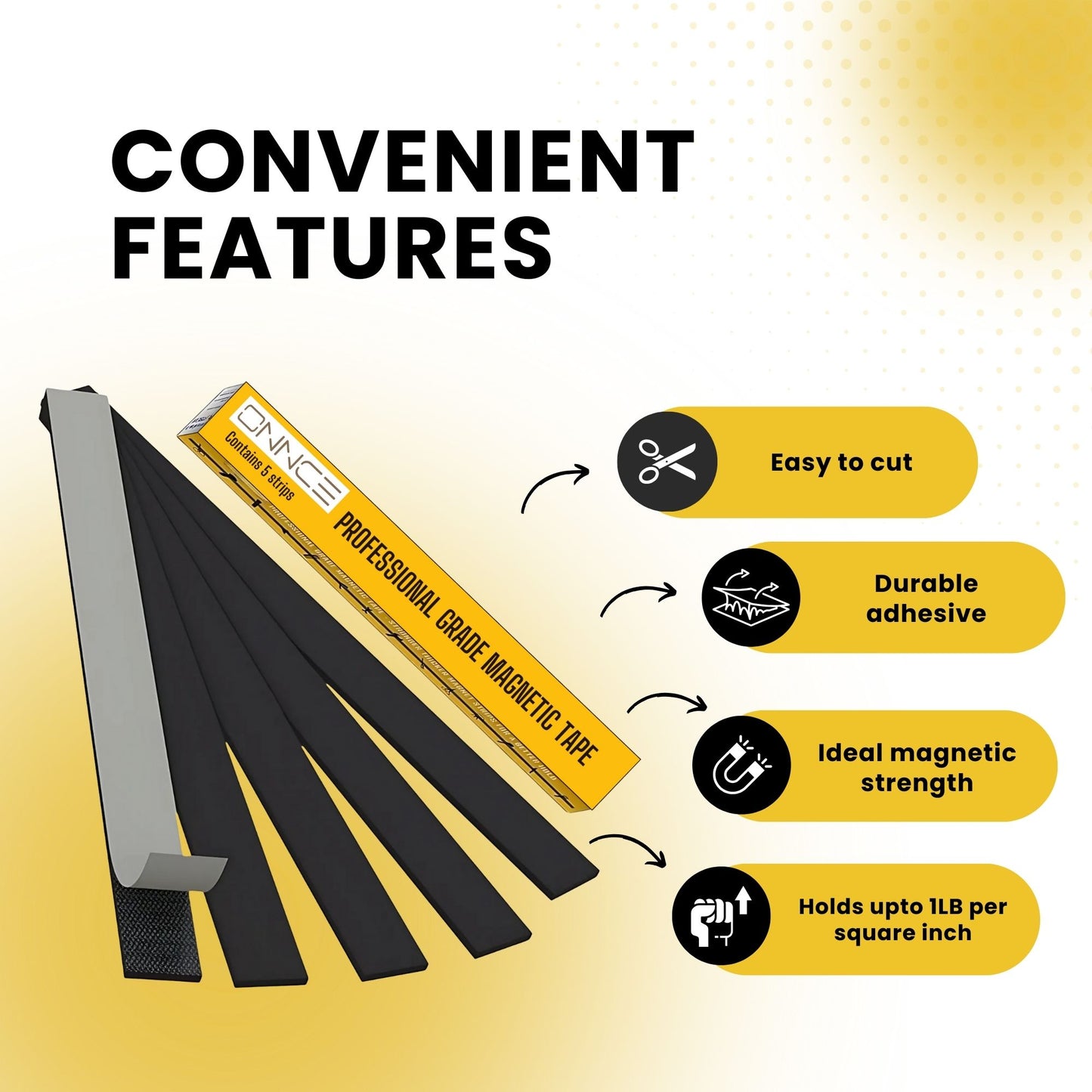 Magnetic Tape Strips by ONNCE, 1.26"" x 1ft , Pack of 5