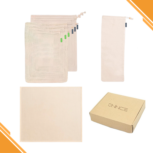 Organic Cotton Grocery/Produce Bags Bundle - Set of 8 - 3 muslin bags, 3 mesh bags (in small, medium, and large), 1 long bag, and 1 swaddle sheet