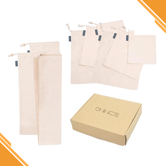 Organic Cotton Produce Bags Set – 9-Piece - 6 Muslin S/M/L, 2 Long Bags, 1 Swaddle Sheet