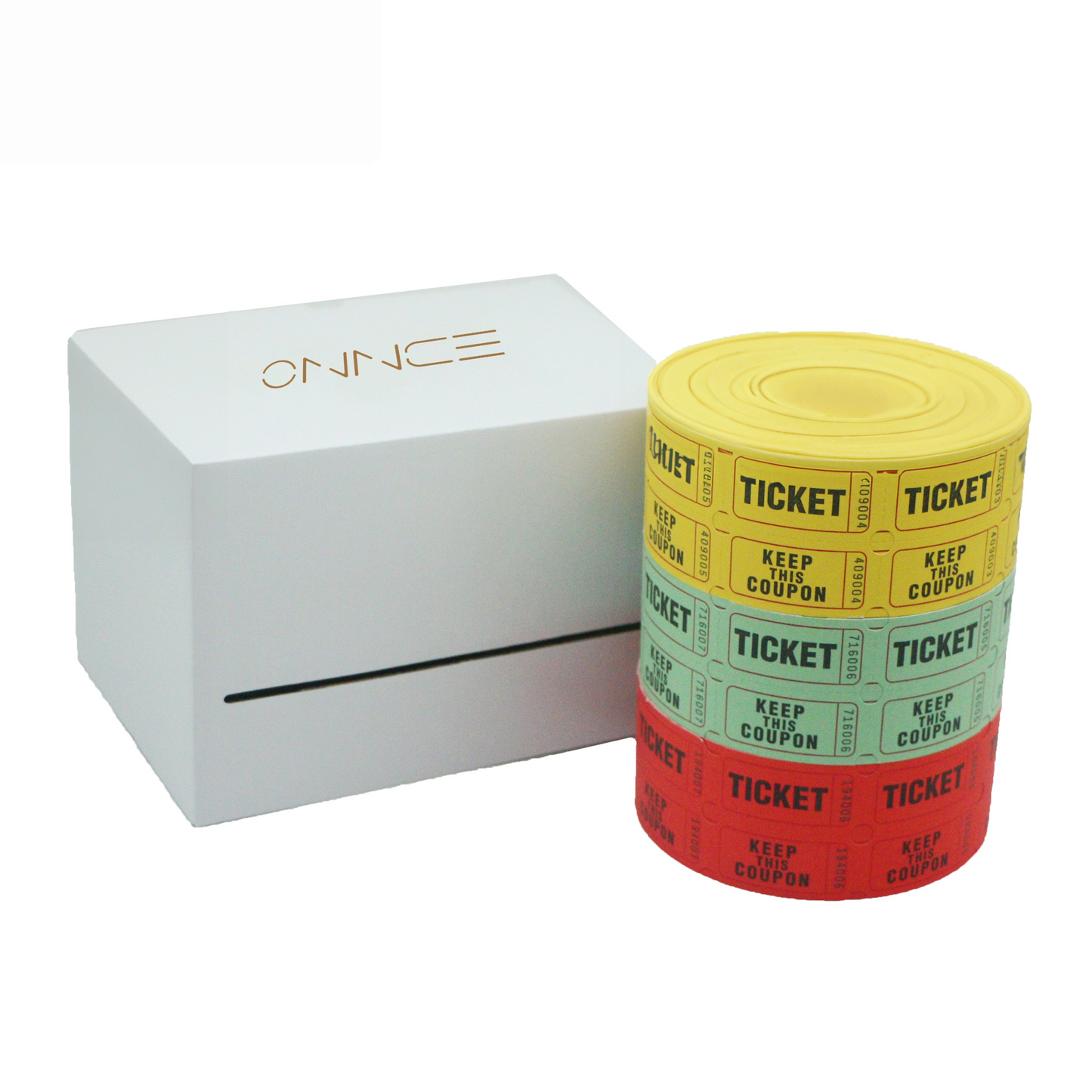 Raffle/Party Tickets with Built-In Dispenser by ONNCE | Double Roll of 1000 | Set of 3 Colors: Green, Red, Yellow