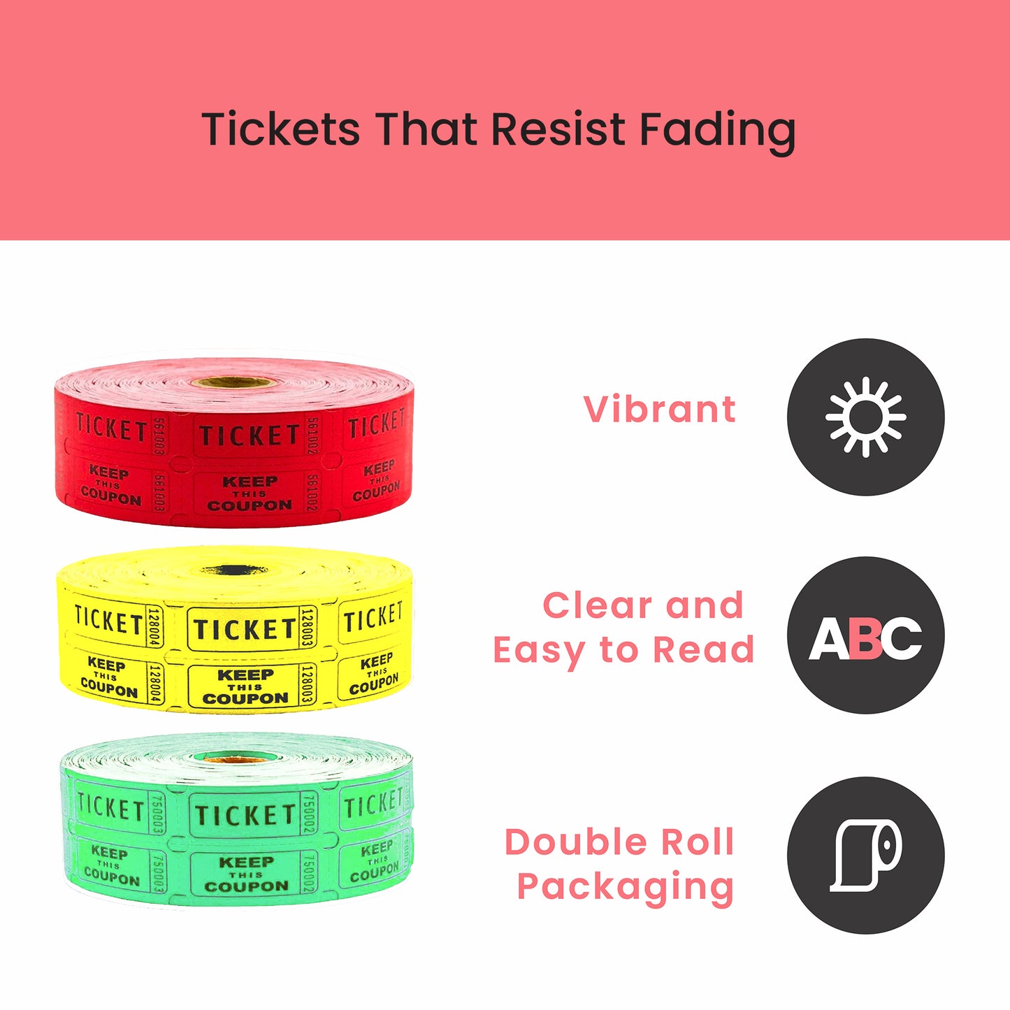 Raffle/Party Tickets with Built-In Dispenser by ONNCE | Double Roll of 1000 | Set of 3 Colors: Green, Red, Yellow