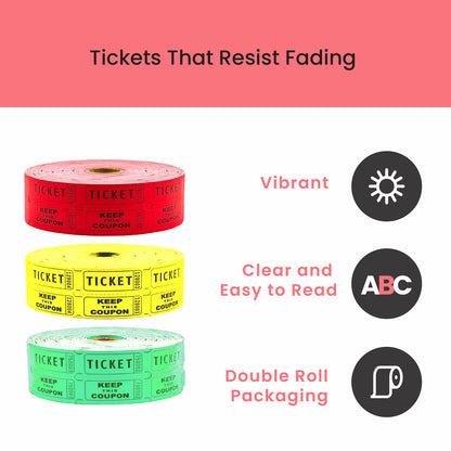 Raffle/Party Tickets with Built-In Dispenser by ONNCE | Double Roll of 1000 | Set of 3 Colors: Green, Red, Yellow