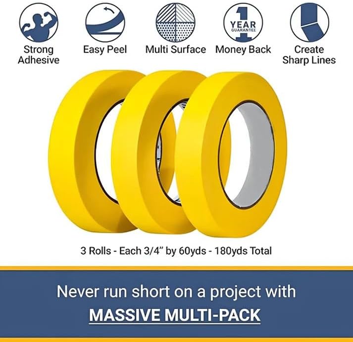 3 Painters Tape Rolls for Professional Painting - Pack of 3 (180ft x ¾ inch each)