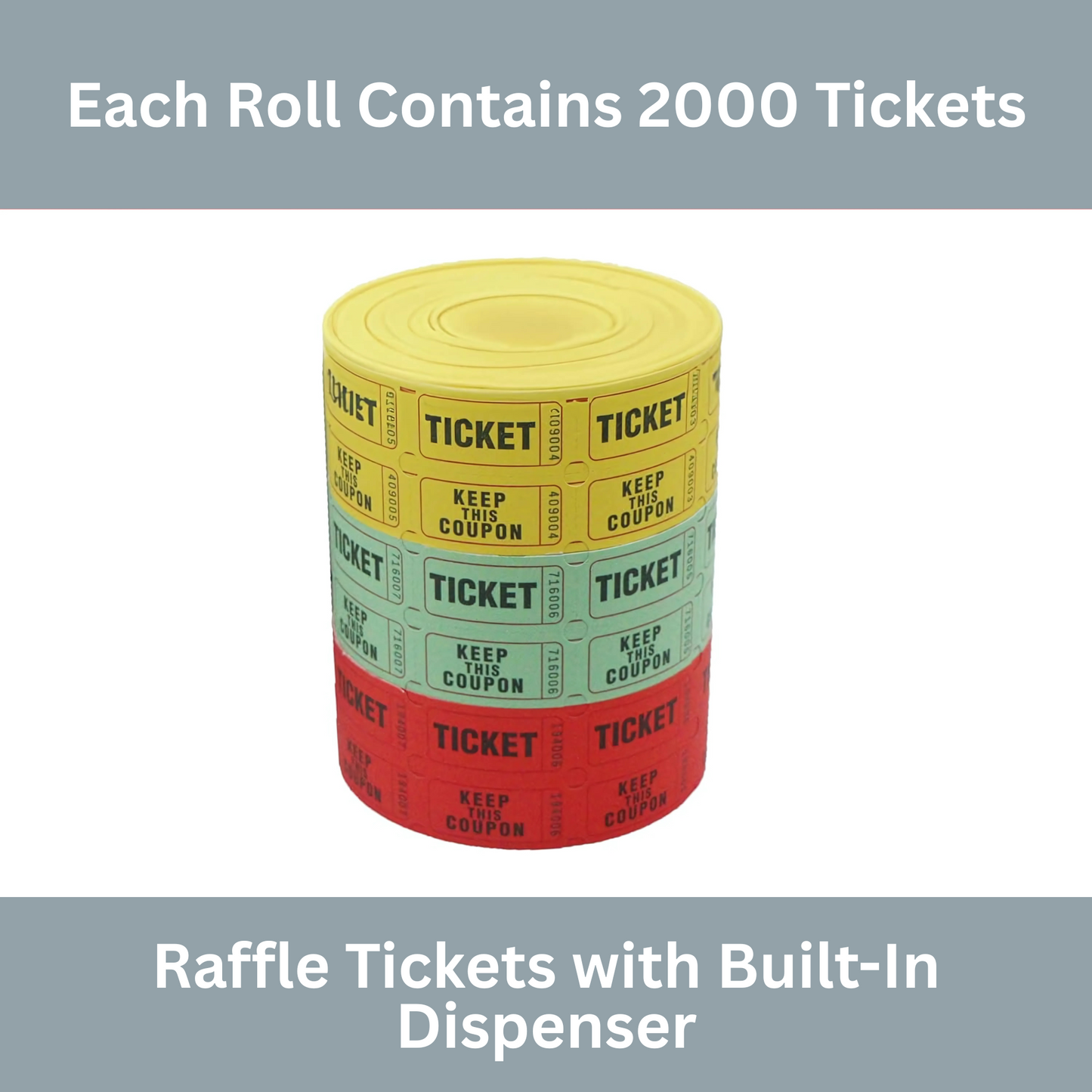 Raffle/Party Tickets with Built-In Dispenser by ONNCE | Double Roll of 1000 | Set of 3 Colors: Green, Red, Yellow