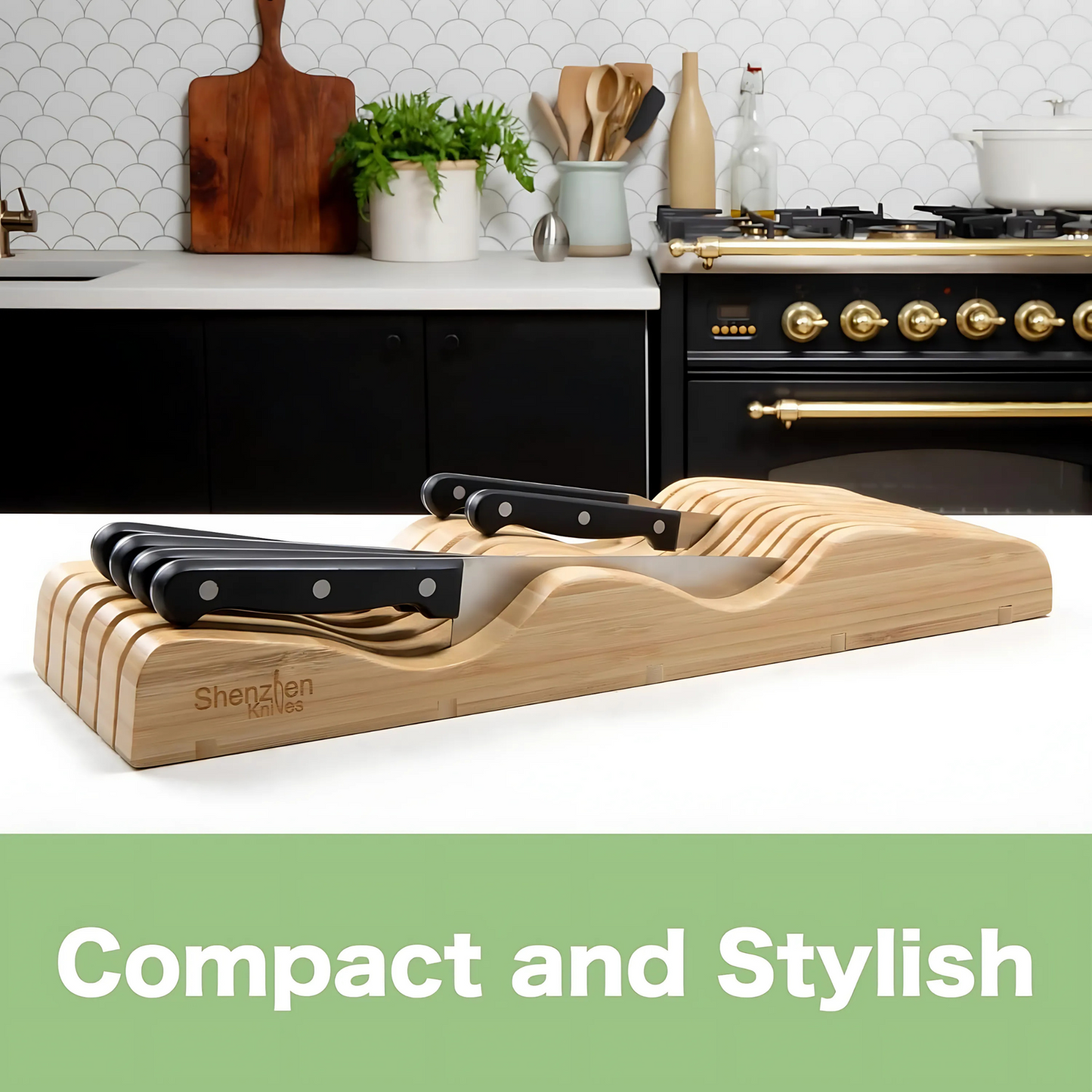 In-Drawer Bamboo Knife Block by Shenzhen Knives – Holds 10–15 Knives