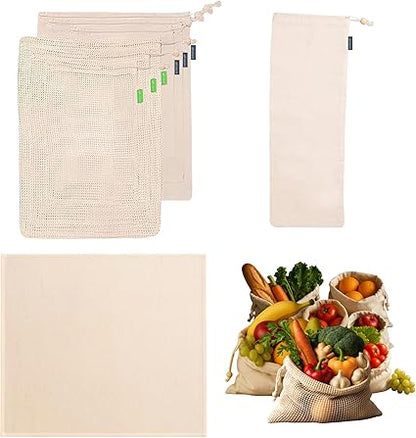 Organic Cotton Grocery/Produce Bags Bundle - Set of 8 - 3 muslin bags, 3 mesh bags (in small, medium, and large), 1 long bag, and 1 swaddle sheet