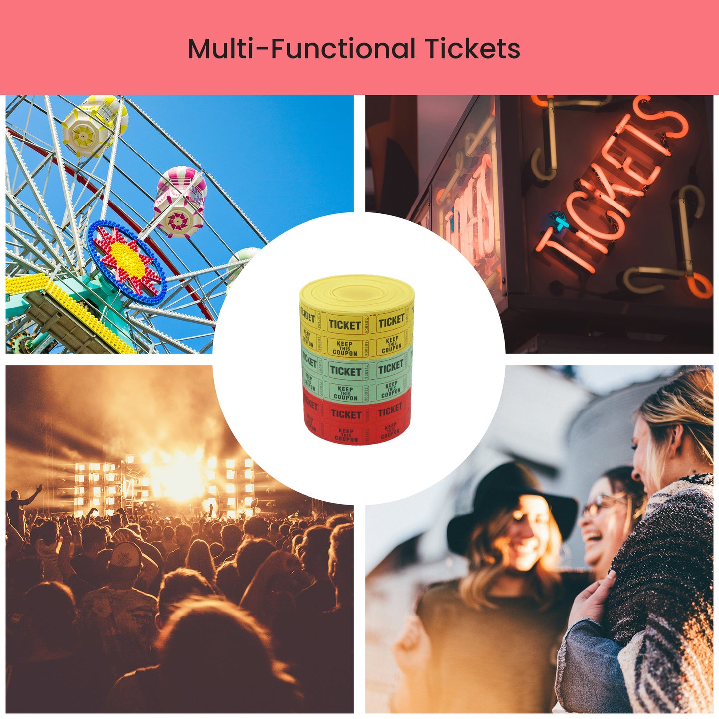 Raffle/Party Tickets with Built-In Dispenser by ONNCE | Double Roll of 1000 | Set of 3 Colors: Green, Red, Yellow