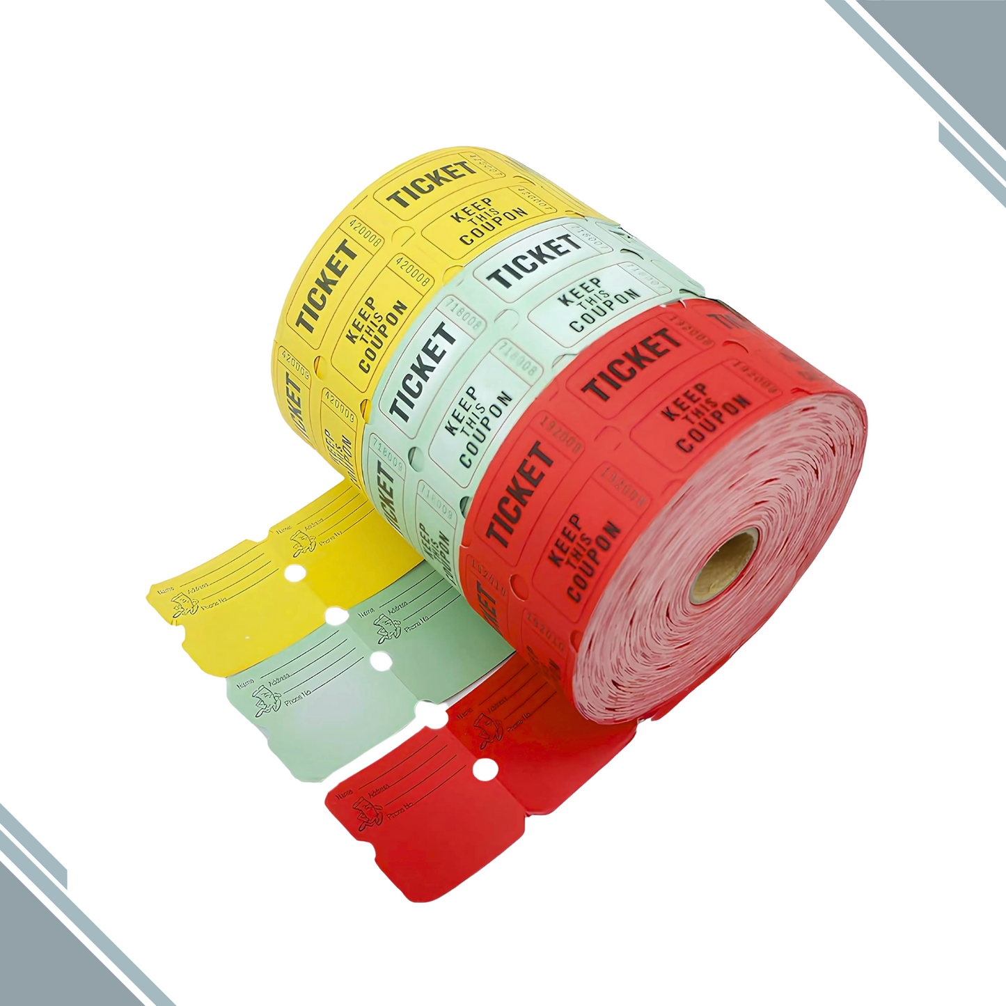 Raffle/Party Tickets with Built-In Dispenser by ONNCE | Double Roll of 1000 | Set of 3 Colors: Green, Red, Yellow